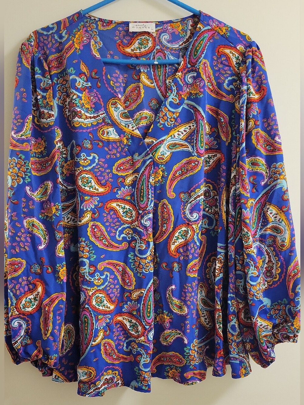 Emily Wonder LS Blue Paisley V-Neck Blouse SIZE 2X